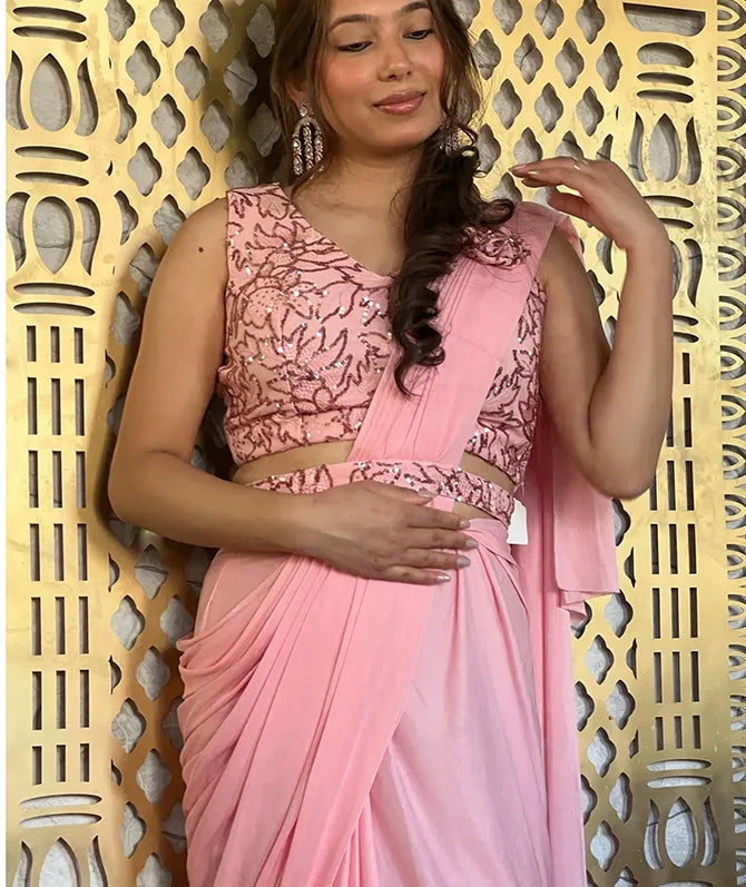 Ready Made Georgette Pink Saree