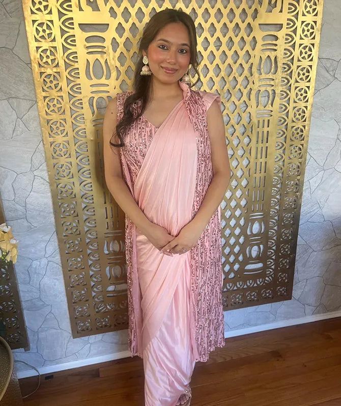 Ready Made Georgette Pink Saree