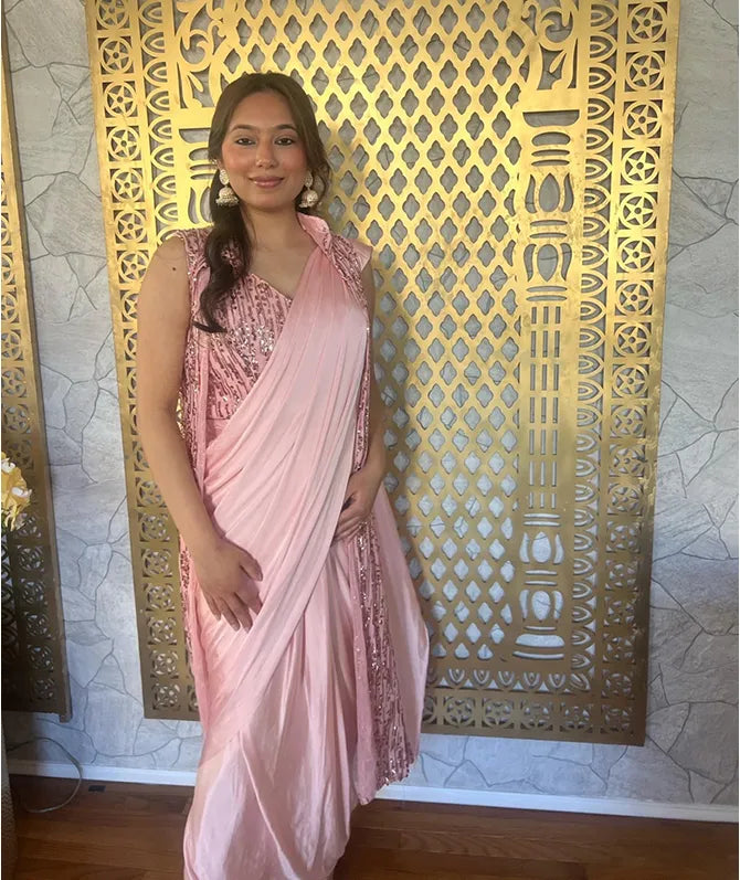 Ready Made Georgette Pink Saree