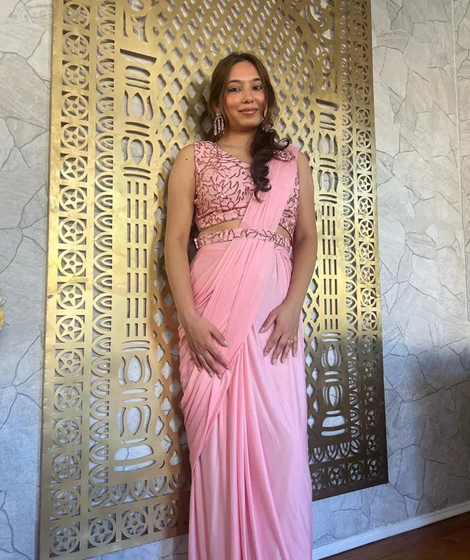Ready Made Georgette Pink Saree