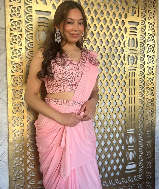 Ready Made Georgette Pink Saree