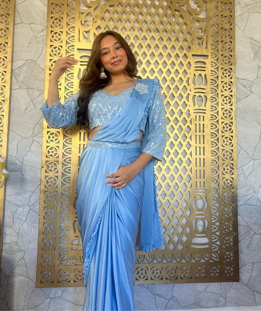 Ready Made Georgette Powder Blue Saree
