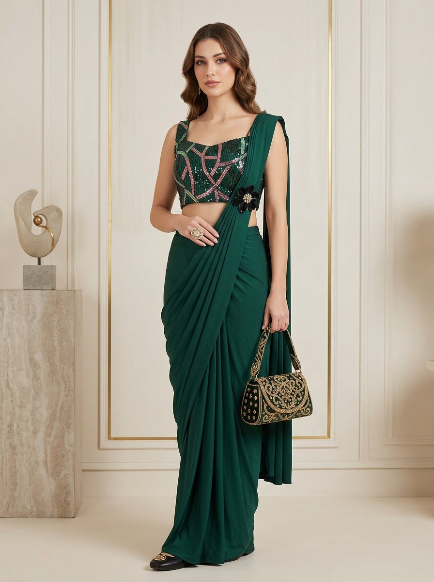 Ready Made Georgette Green Saree