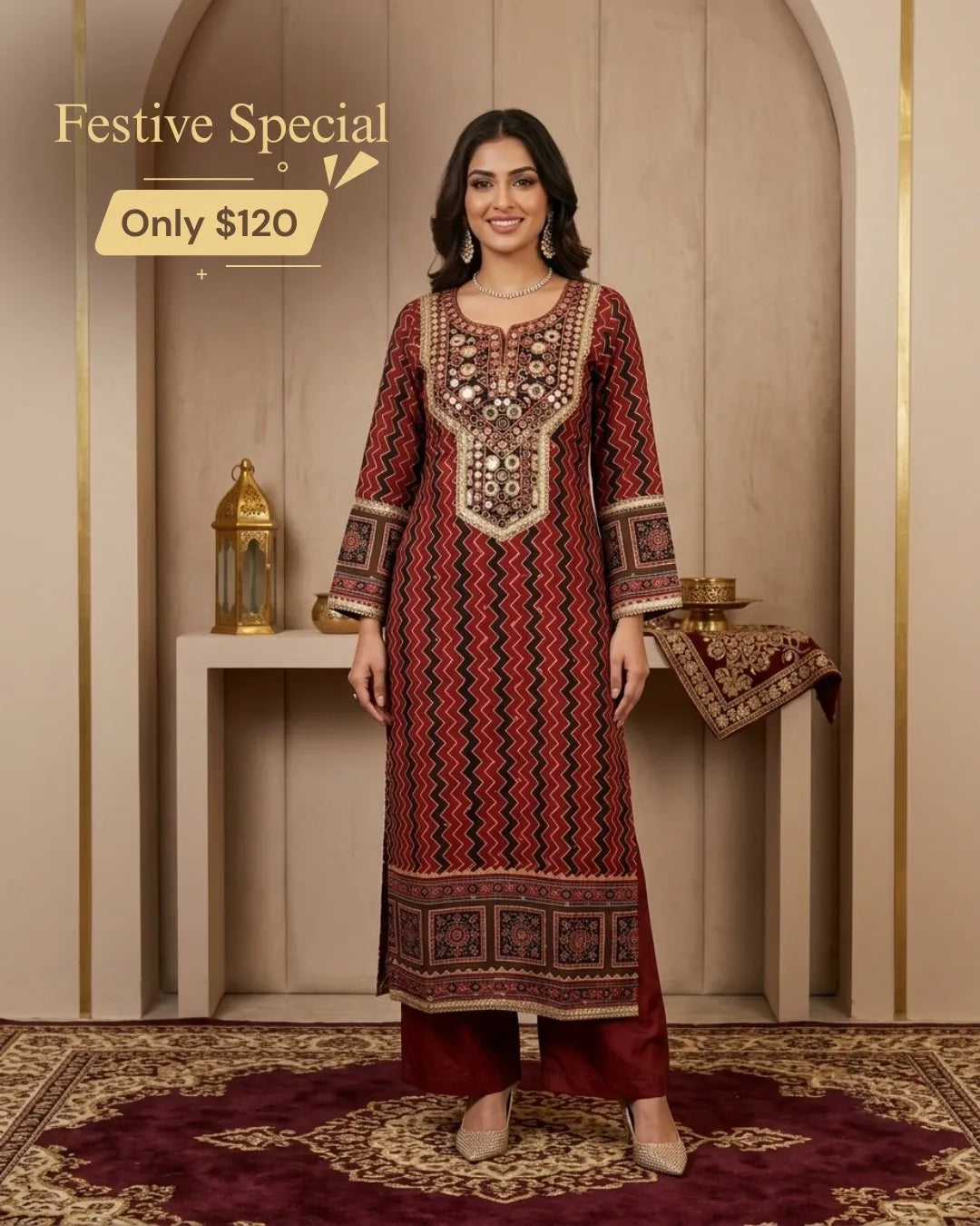 Maroon Embroidered 2-Piece Kurta Set