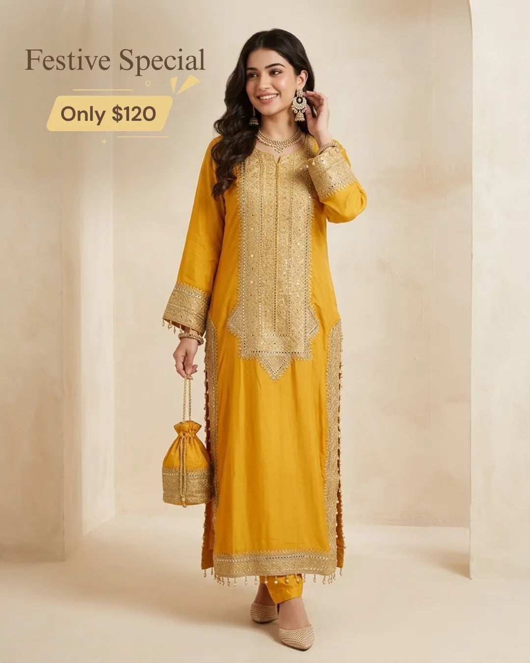 Mustard Yellow Embroidered 2-Piece Kurta Set