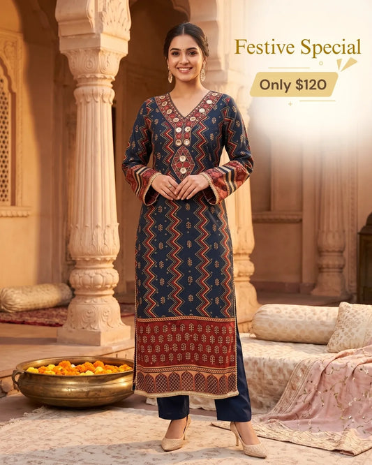 Navy Blue Maroon Printed 2-Piece Kurta Set