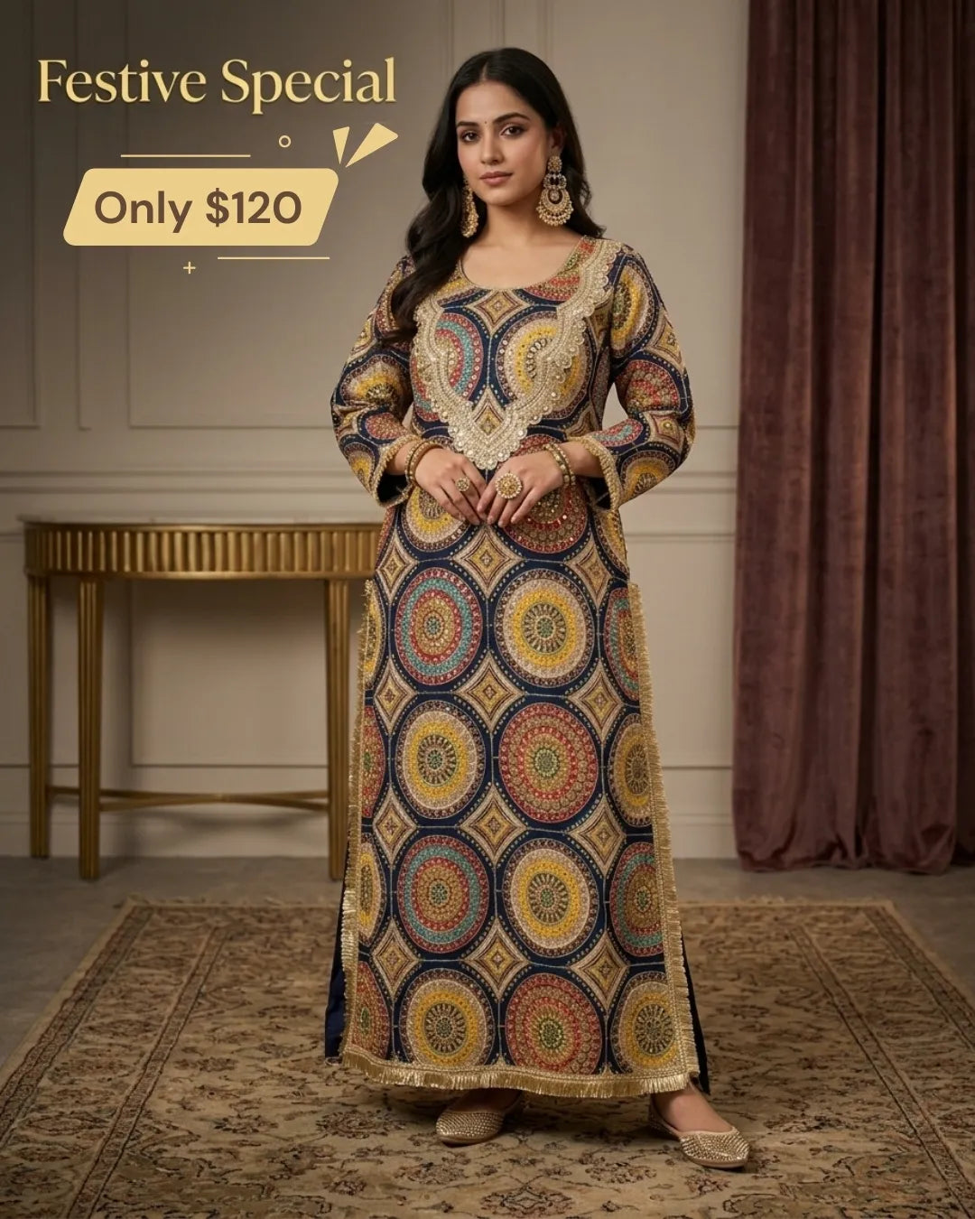 Navy Blue Multicolor Motif Embroidered 2-Piece Kurta Set