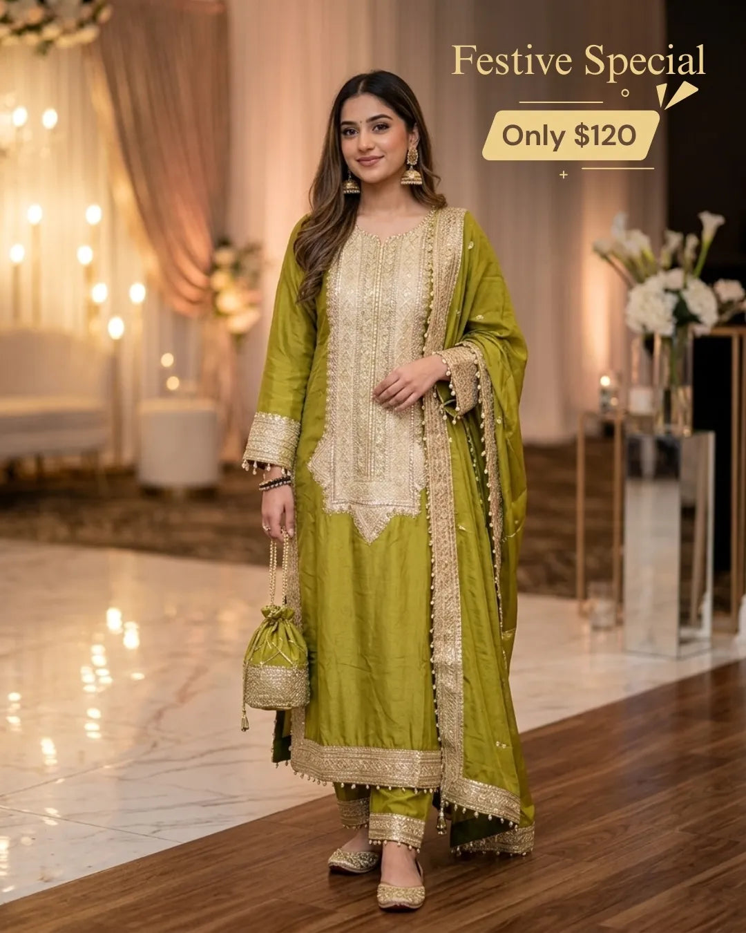 Olive Green Embroidered 2-Piece Kurta Set