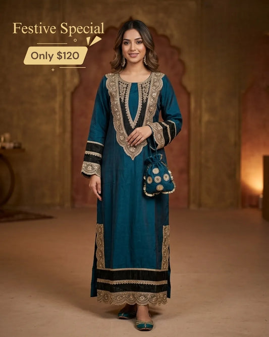 Teal Blue Embroidered 2-Piece Kurta Set